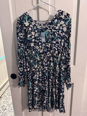 LOFT Navy Floral Long Sleeve Tiered Dress with Teal Accents